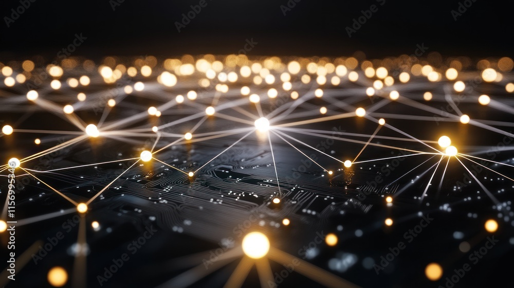 Aufkleber Illuminated network nodes interconnected on a dark circuit board, representing digital connectivity and data flow.