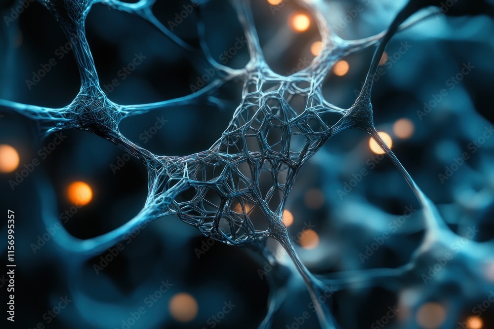 Fototapete Microscopic view of intricate neural network with glowing nodes.