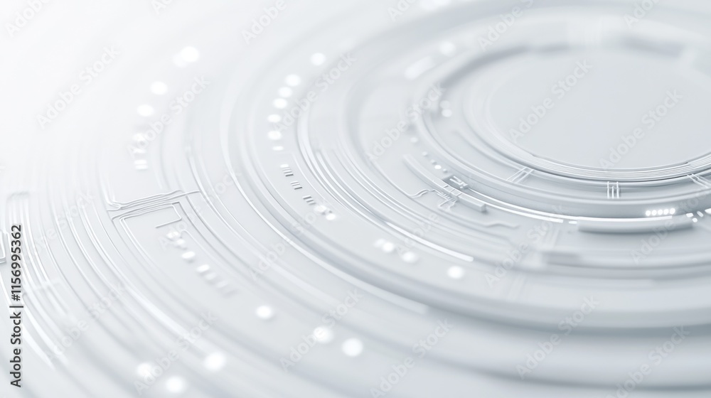 Poster Abstract white circular technological design with concentric rings and glowing elements.