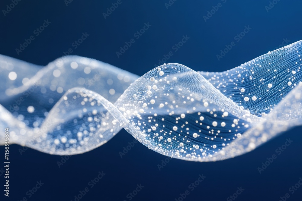 Aufkleber abstract flowing translucent wave with white particles on a blue background.