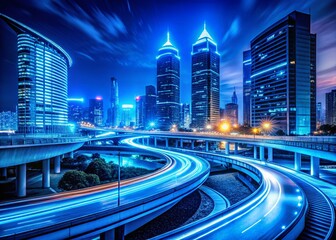 Night Cityscape: Curving Road, Blue Neon Lights, Urban Exploration Photography