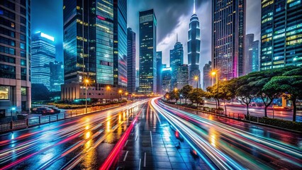 Obraz premium Night City Street Lights Long Exposure, Urban Traffic Blur, Glowing Metropolis