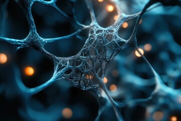 Microscopic view of intricate neural network with glowing nodes.
