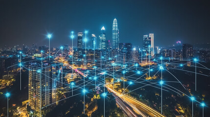 Fototapeta premium Smart digital Innovation city with connection network reciprocity over the cityscape. of future smart wireless digital city and social media networking systems that connects people with in city