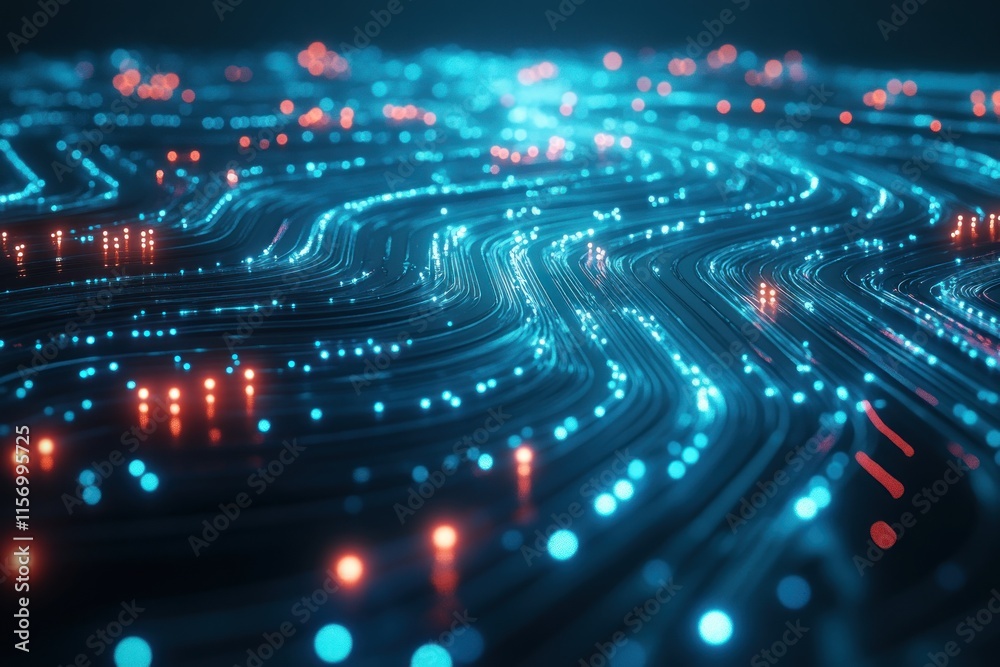Poster Abstract digital wave of glowing blue and orange particles, representing data flow or network connections.