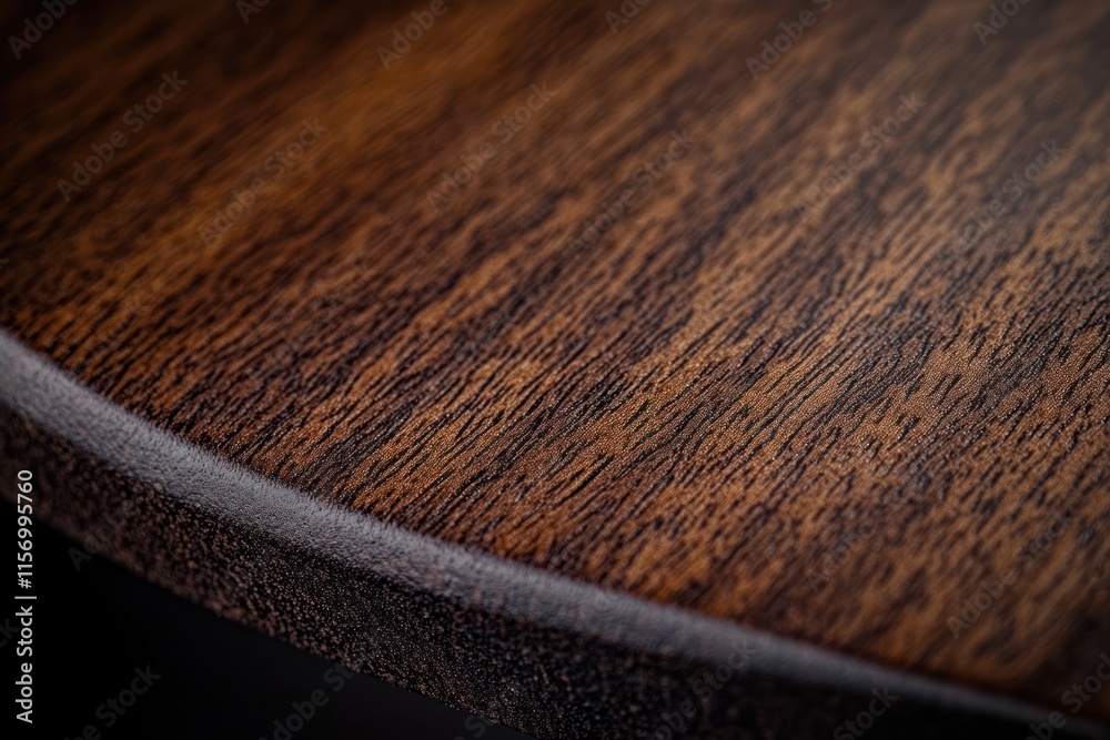 Poster close-up of rich, dark brown wood grain texture with a rounded edge, showing natural wood patterns a