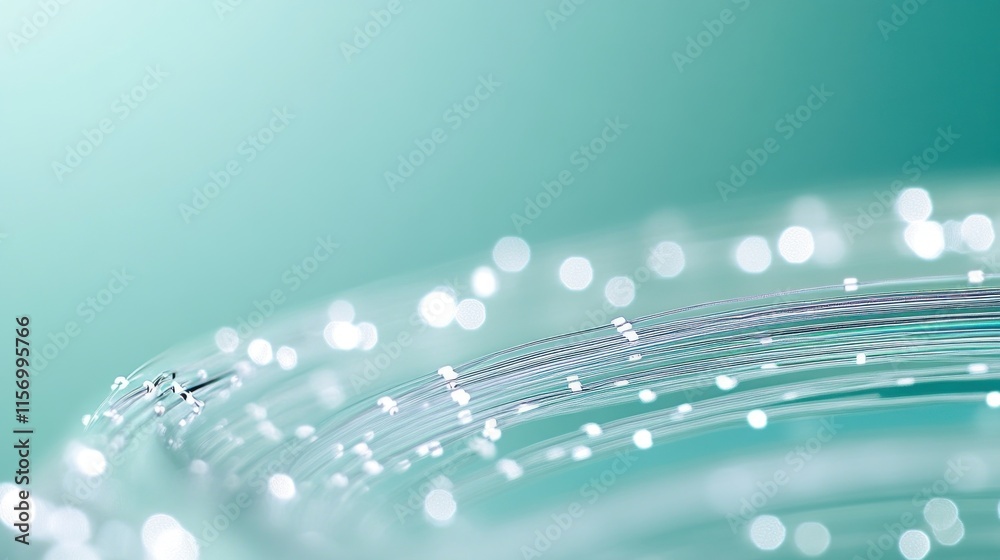 Aufkleber Abstract teal background with glowing fiber optic strands, creating a wave-like pattern and bokeh effect.