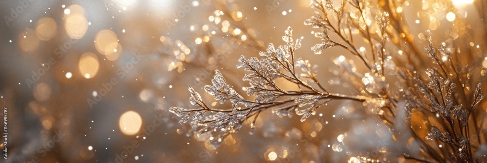 Aufkleber Close-up of a frost-covered branch with bokeh background.