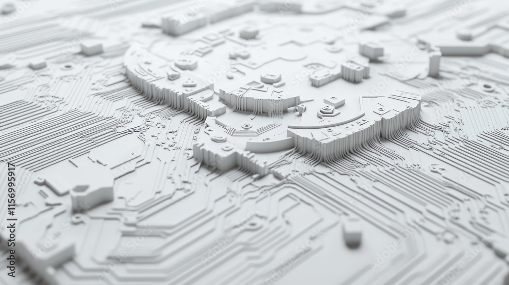 Poster Abstract 3D rendering of a white circuit board with textured surface and intricate details.