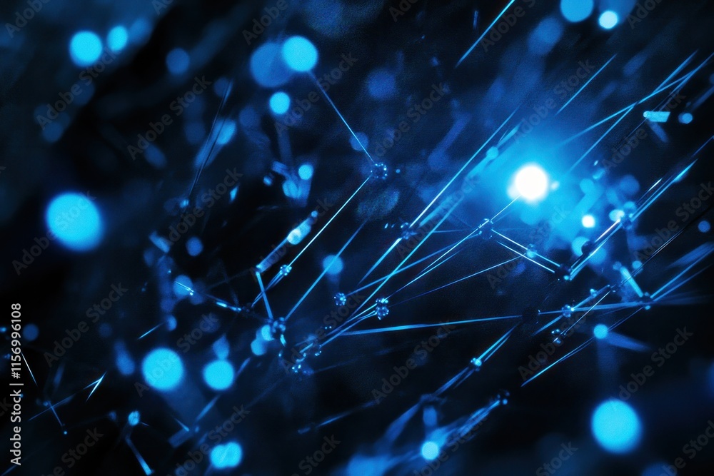 Poster abstract blue glowing lines and bokeh lights on dark background.