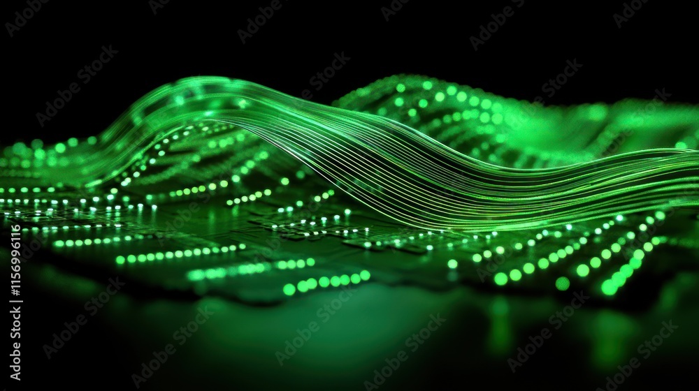 Poster abstract green glowing wave data technology background.