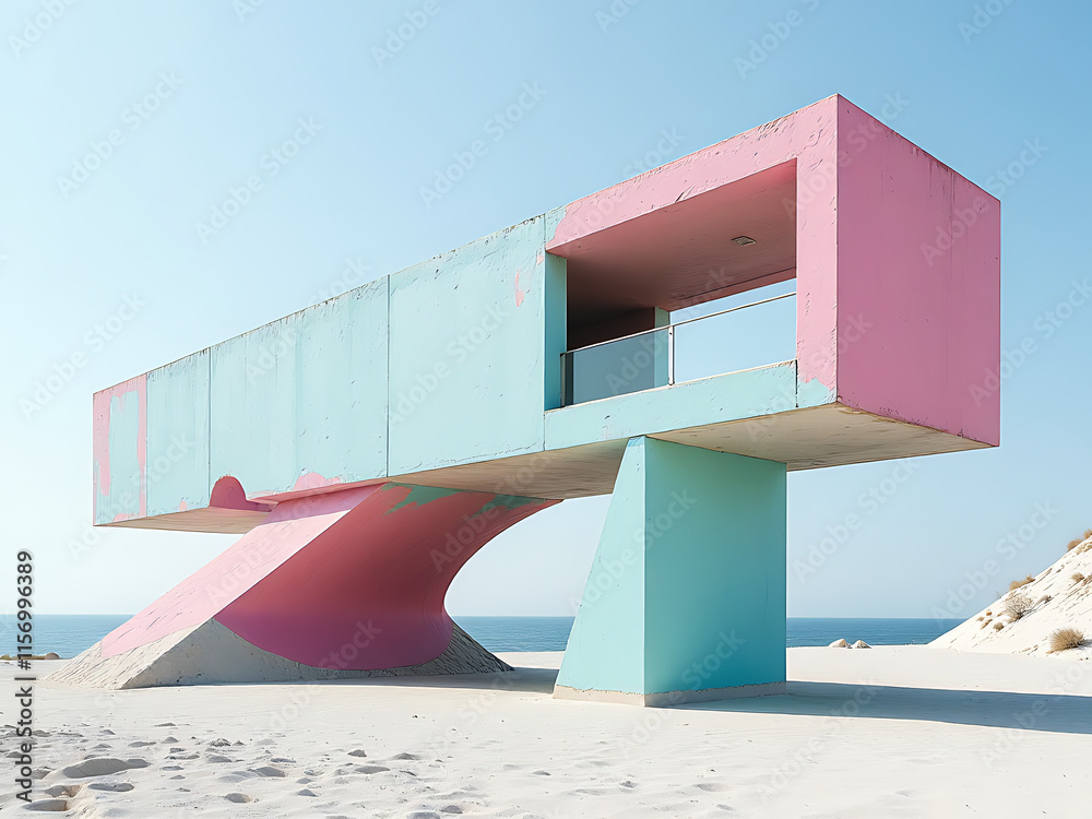 Aufkleber The Concrete Structure Features A Unique Pink And Turquoise Color Scheme Giving It An Abstract Design. 00002