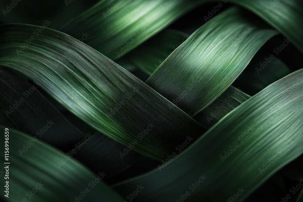 Poster Abstract close-up of interwoven dark green leaves creating a textured pattern.