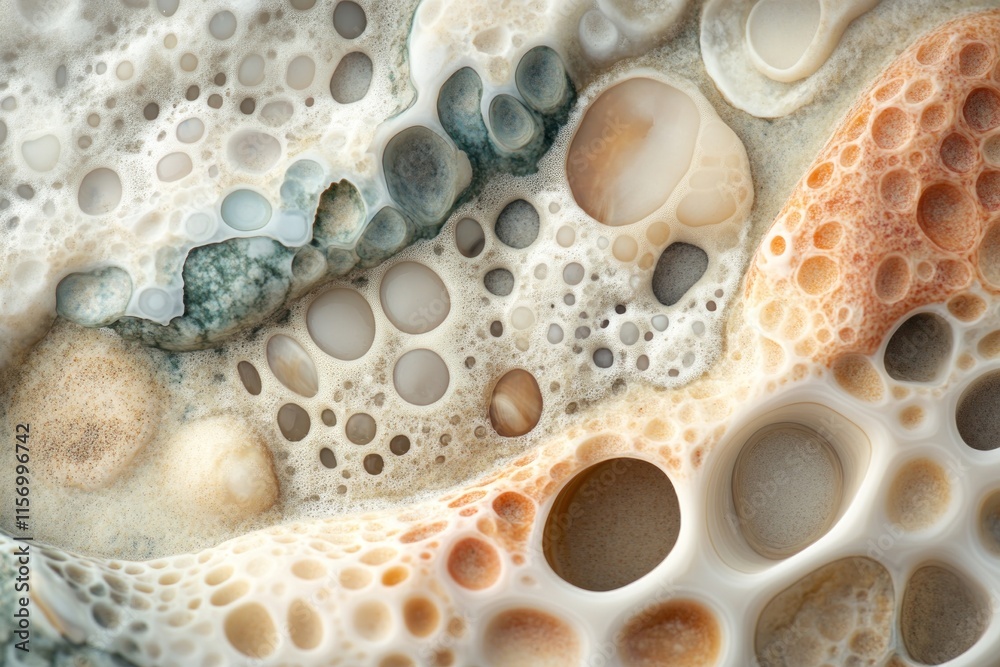 Poster Close-up of a porous stone surface with varying colors and textures, exhibiting a unique pattern of holes and shapes.