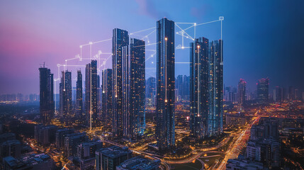 Obraz premium Smart digital Innovation city with connection network reciprocity over the cityscape. of future smart wireless digital city and social media networking systems that connects people with in city