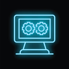 Neon icon of a computer displaying two gears working together, representing the concept of teamwork and collaboration