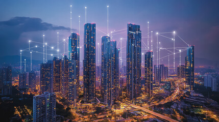Obraz premium Smart digital Innovation city with connection network reciprocity over the cityscape. of future smart wireless digital city and social media networking systems that connects people with in city