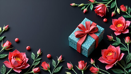 Obraz premium elegant paper quilling design: a luxurious gift box on a dark background, surrounded by opulent flowers, ideal for celebrating special moments and expressing heartfelt emotions