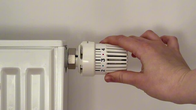 turning the white thermostat on a white radiator at home to increase room heating during the cold season