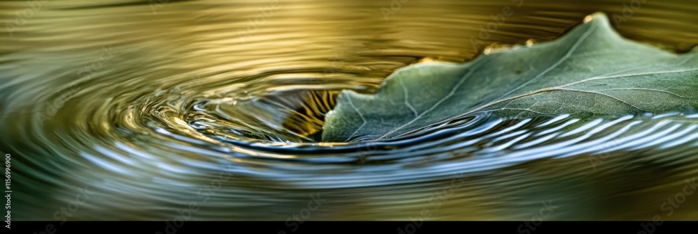 Poster leaf sinking in swirling water, creating concentric ripples.