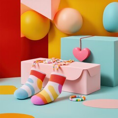 Valentine's day galentine gifts. Colorful socks and playful accessories on a vibrant background create a fun, cheerful composition.