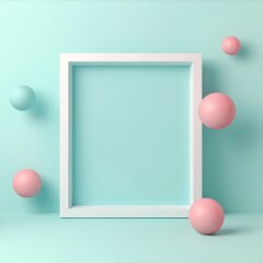 Valentine's day galentine gifts. Empty white frame surrounded by colorful spheres on a soft turquoise background.