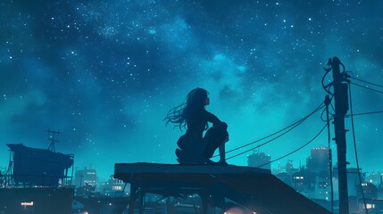 Anime girl sitting on rooftop at night, starry sky, calm and peaceful setting