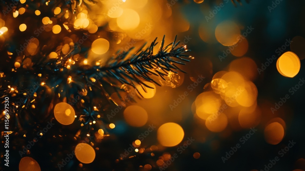 Aufkleber close-up of pine branch with warm bokeh lights.