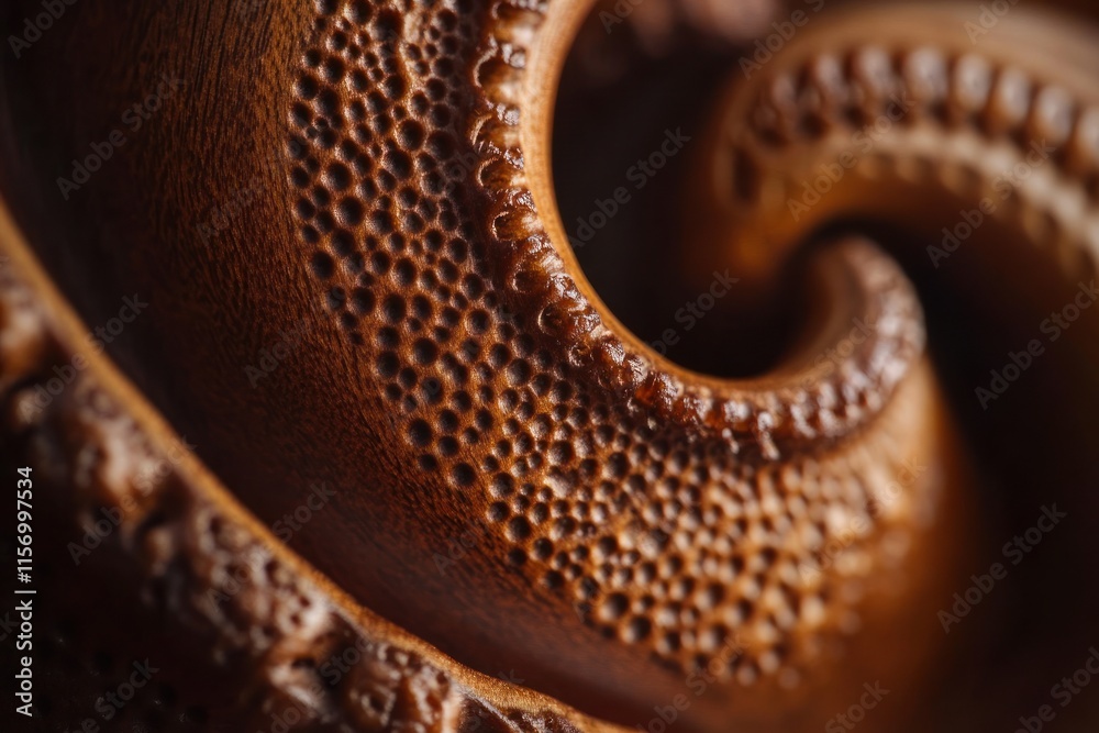 Poster close-up of intricately carved brown wood with swirling pattern and textured surface.
