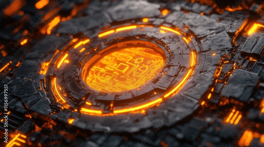 Poster abstract digital circuit board with glowing orange lines and dark grey texture.