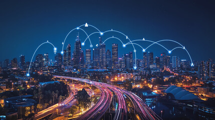 Naklejka premium Smart digital Innovation city with connection network reciprocity over the cityscape. of future smart wireless digital city and social media networking systems that connects people with in city