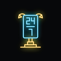 Neon sign showing 24 7 service availability on black background