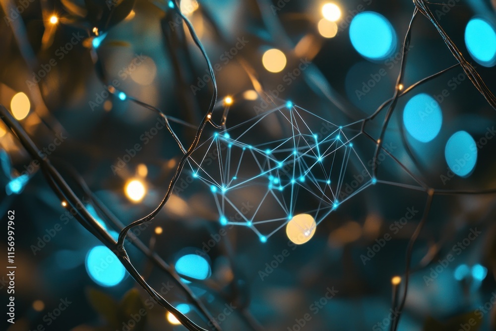 Poster Abstract network connection glowing lights bokeh background.