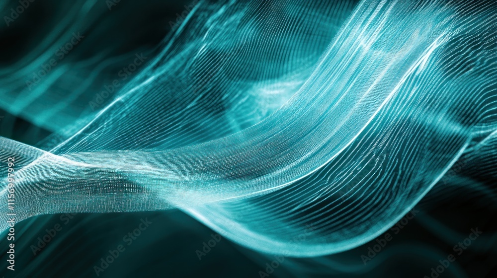 Poster abstract teal wave pattern on black background.