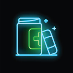 Neon medicine bottle with green cross and blue pills shining on black background