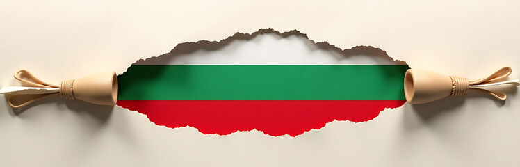 Obraz premium The Bulgarian Flag Is Visible Through A Large Rip In The Paper From The Recent Breakthrough. 00001
