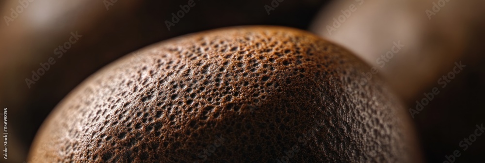 Poster close-up of a textured, dark brown, spherical object.