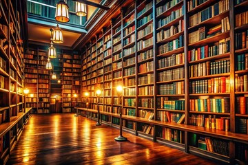 Fototapeta premium Night Study: Bookshelves & Textbooks in a Library - Education Concept