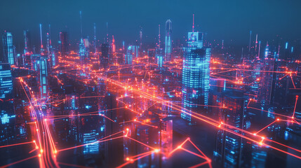 Fototapeta premium Smart digital Innovation city with connection network reciprocity over the cityscape. of future smart wireless digital city and social media networking systems that connects people with in city