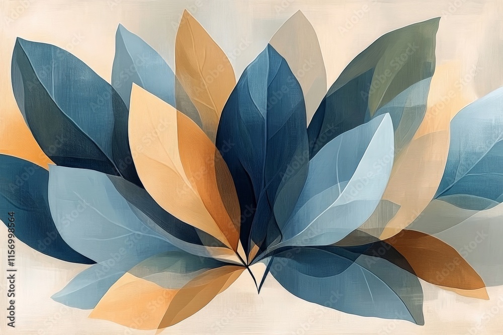 Aufkleber An array of abstract leaves depicted in a gradient of cool blue and soft brown tones, merging artistic expression with nature's tranquil allure, embodying calm.