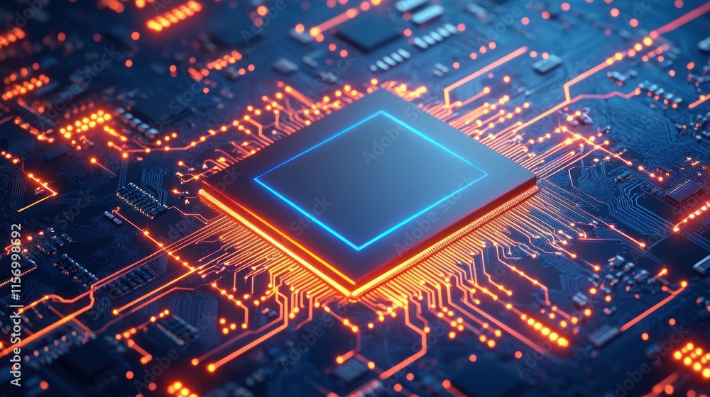 Poster close-up of a central processing unit (cpu) on a circuit board, glowing with orange and blue light.
