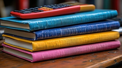 Colorful books and calculator on wooden table.