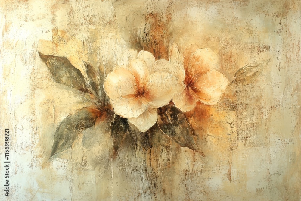 Poster an elegant painting featuring two large blossoms with textured strokes in warm tones creates a softl