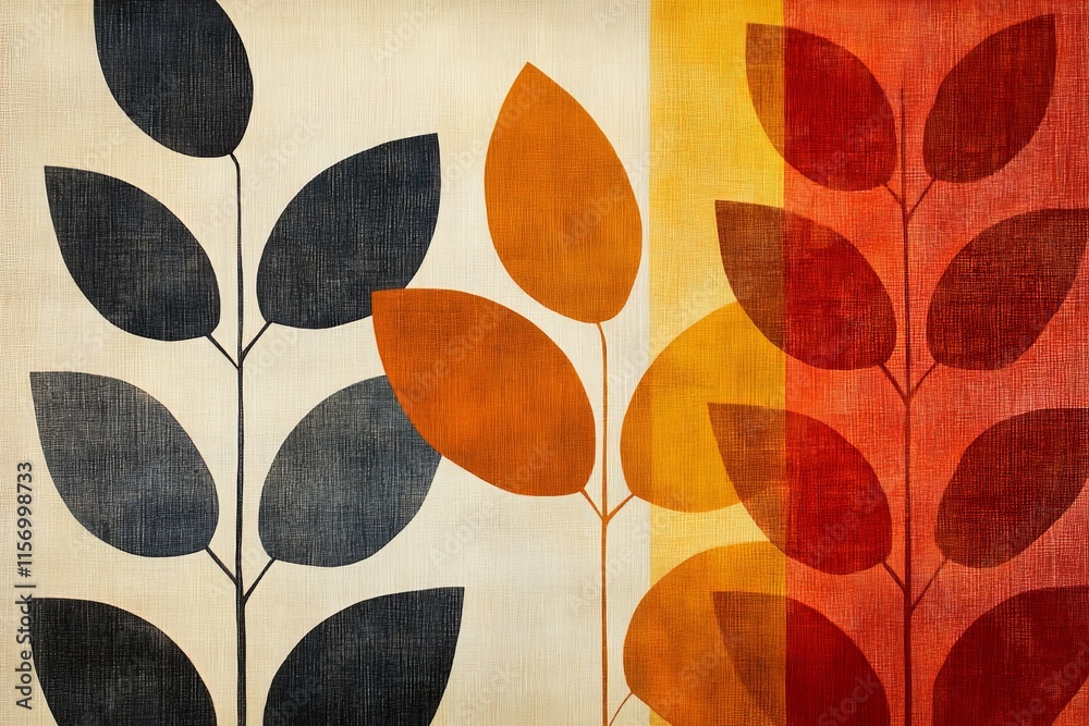 Poster a bold and modern composition featuring stylized leaf shapes in an abstract formation, using layered