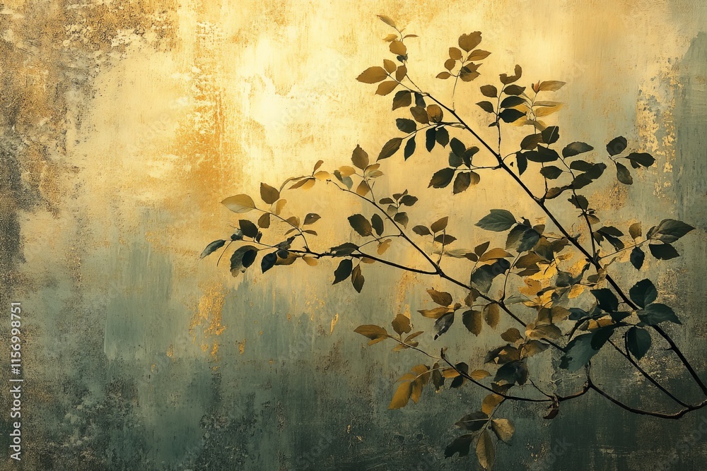 Poster silhouetted leafy branches against a backdrop of blended golden and blue hues create a tranquil and 