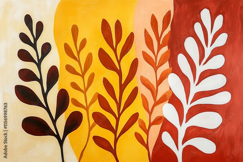 Poster a vibrant and stylized depiction of leaves portrayed in a gradient of earth tones, this abstract des