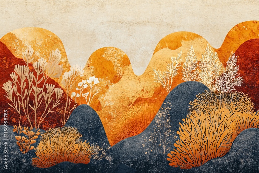 Poster an intricate abstract landscape illustrating a vivid composition of fiery tones and organic shapes, 