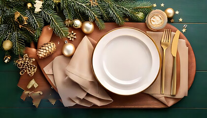 Christmas Banner Dinner Table Setting Frame With Empty Plate, Cutlery, Christmas Toys And Fi