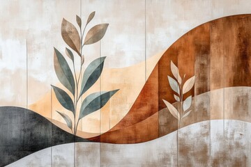A harmonious artwork featuring flowing wave-like patterns with earthy tones, interweaving elements of nature that evoke a sense of tranquility and organic beauty.