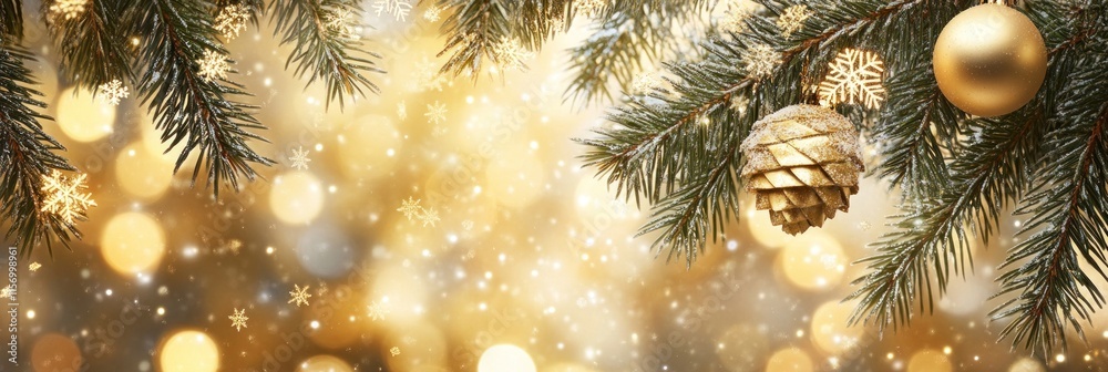 Aufkleber golden christmas tree branches with ornaments and bokeh lights.